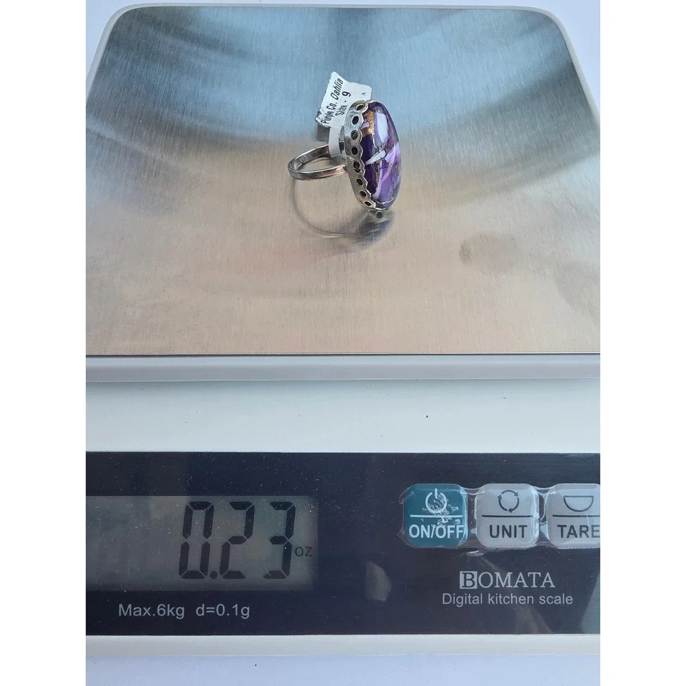 Sterling Silver Purple Copper Turquoise Mosaic Scalloped Oval Statement Ring 925